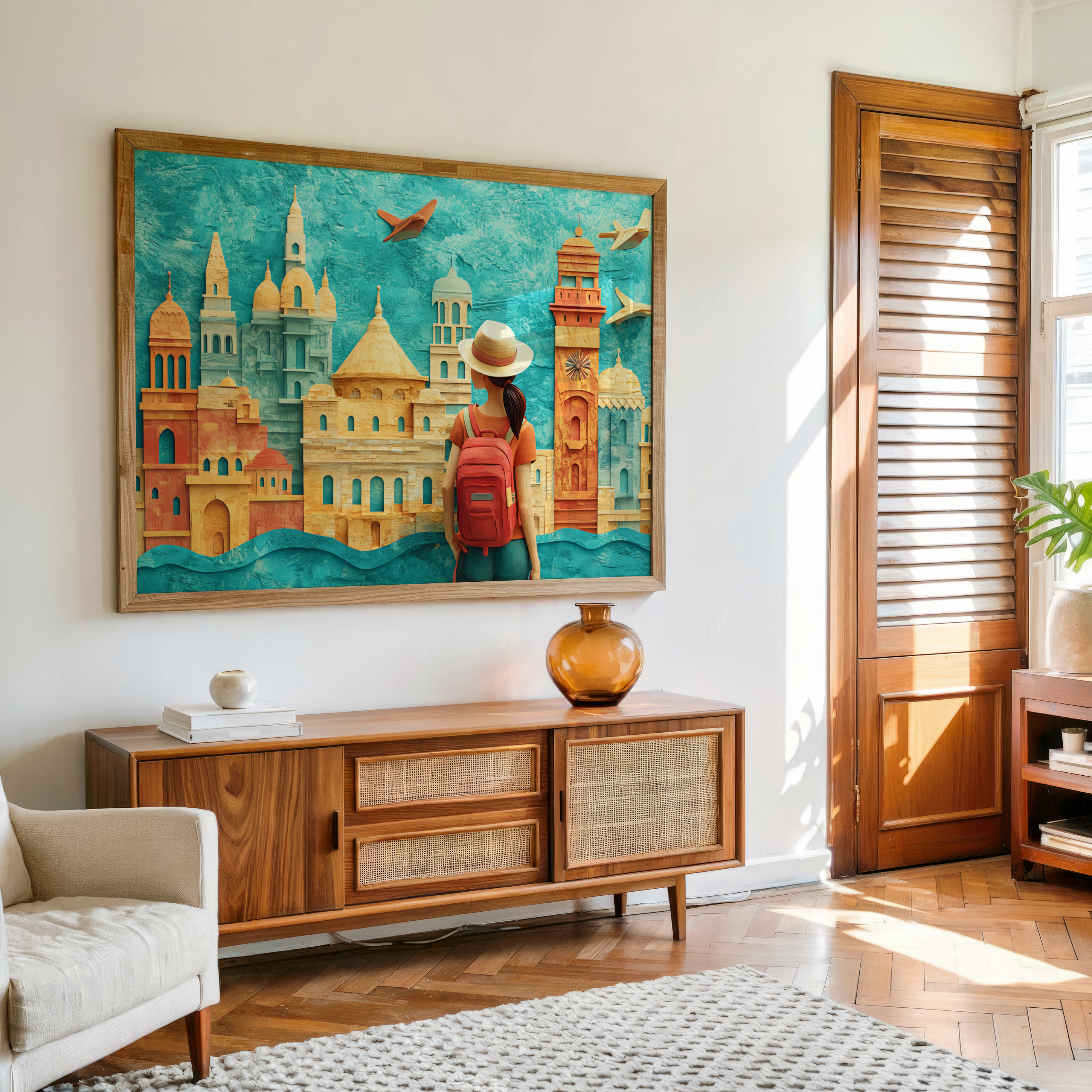 Canvas wall art of a woman with backpack exploring colorful city landmarks