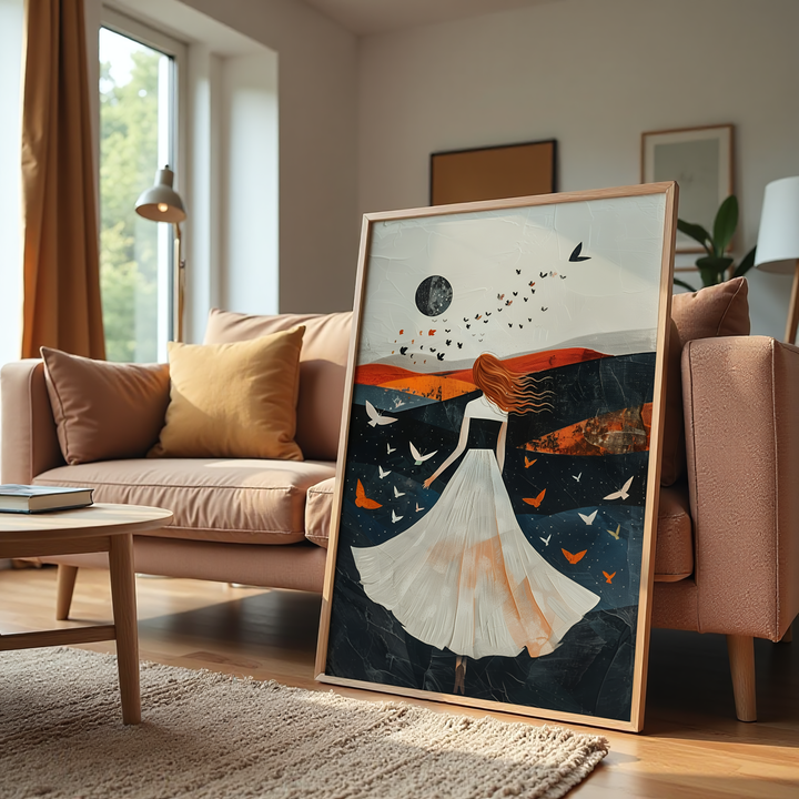 Woman standing under moonlight surrounded by butterflies in dreamy nature canvas wall art