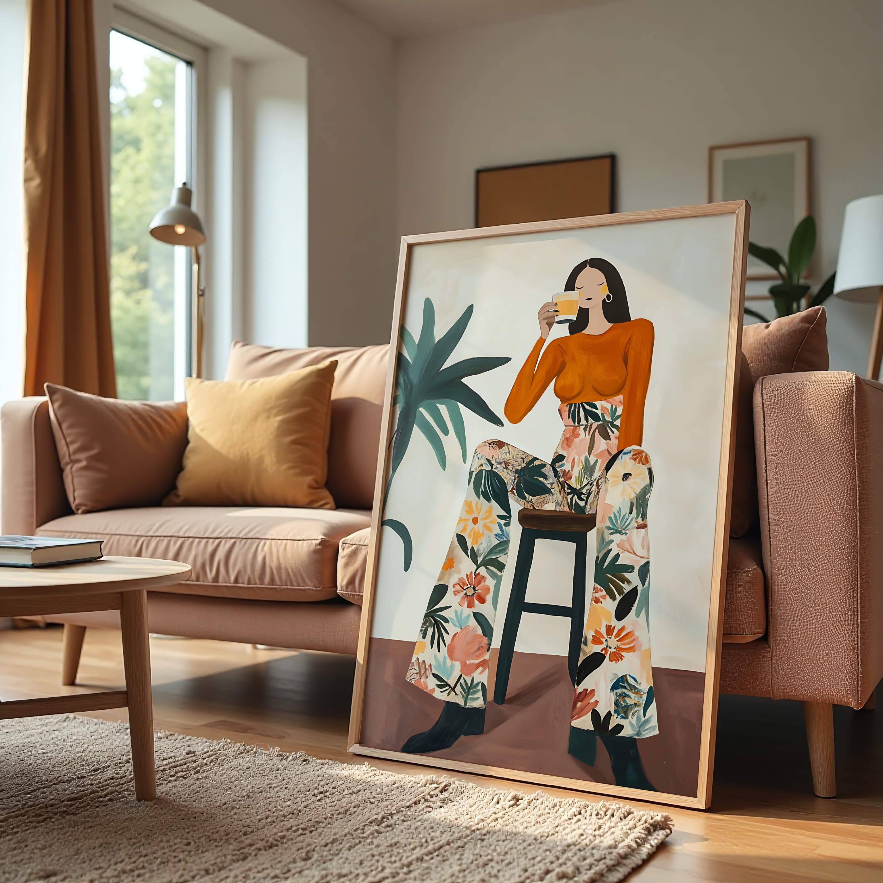 Abstract woman wall art with coffee cup and floral pants on canvas