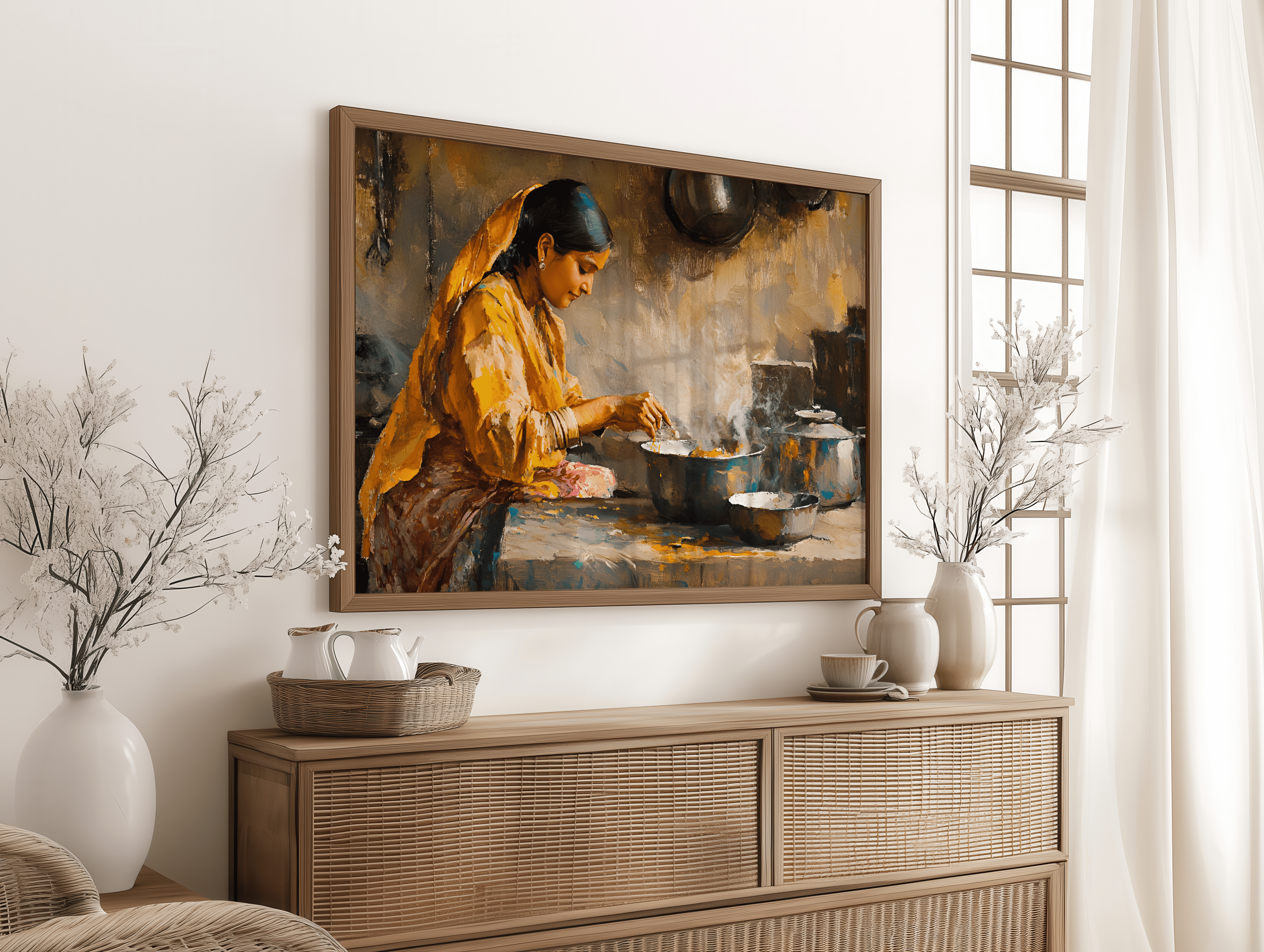 Traditional Indian home kitchen scene with woman cooking food artwork