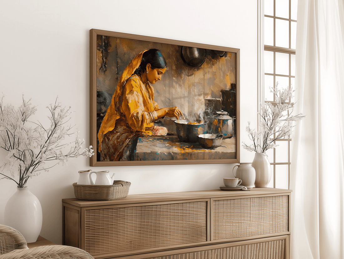 Traditional Indian home kitchen scene with woman cooking food artwork