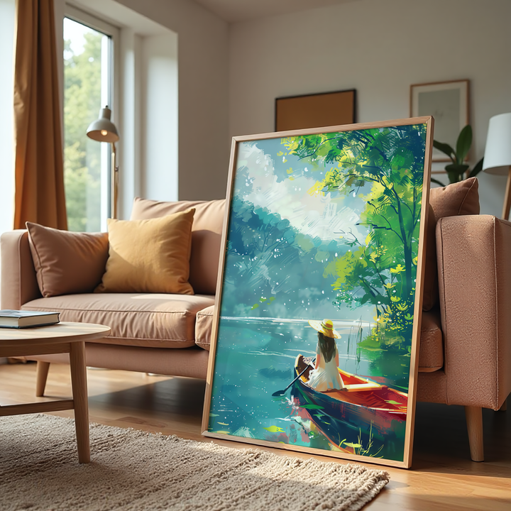 Woman in canoe lake canvas wall art