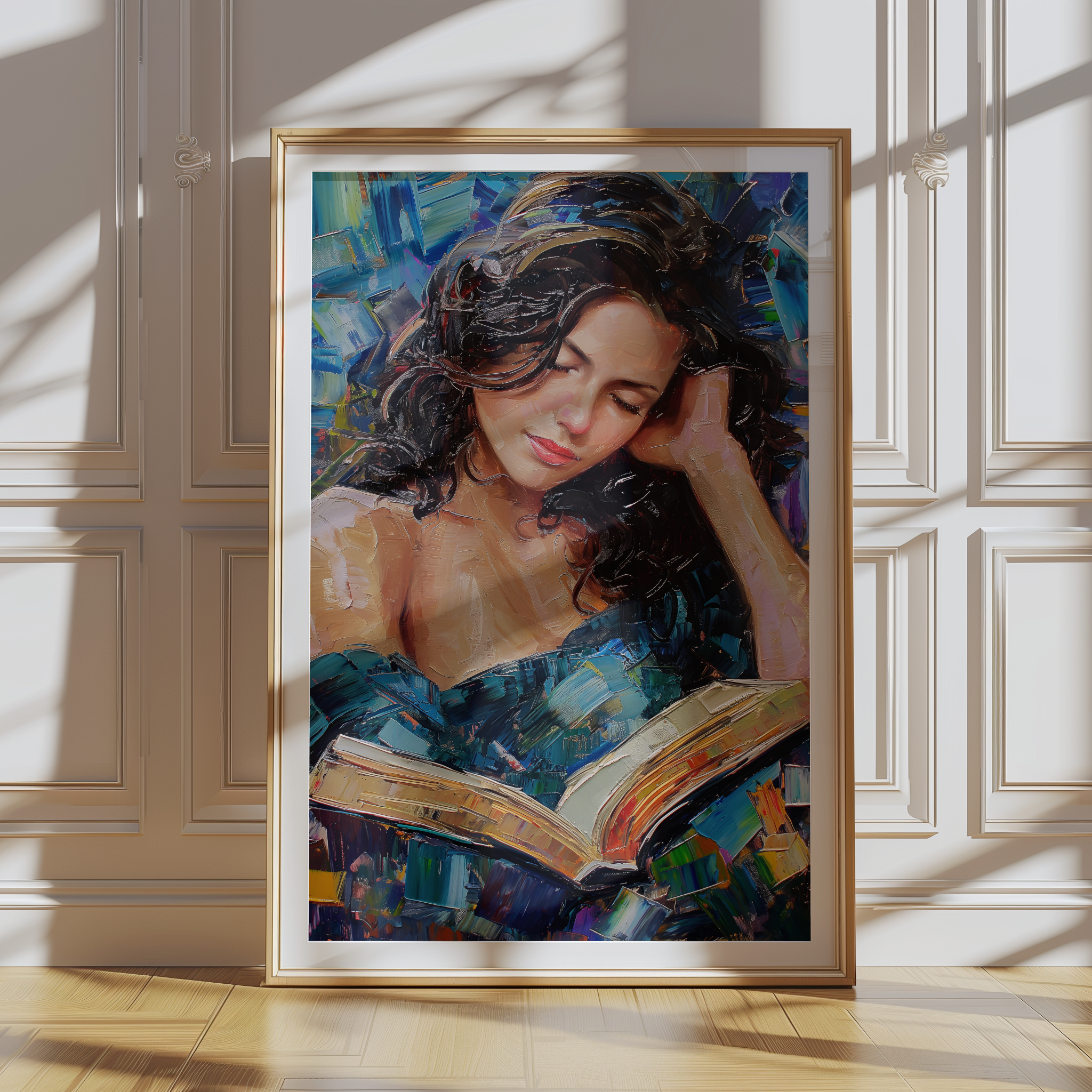 Beautiful woman reading a book impressionist canvas wall art with blue abstract background