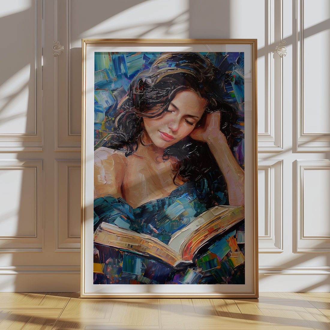 Beautiful woman reading a book impressionist canvas wall art with blue abstract background