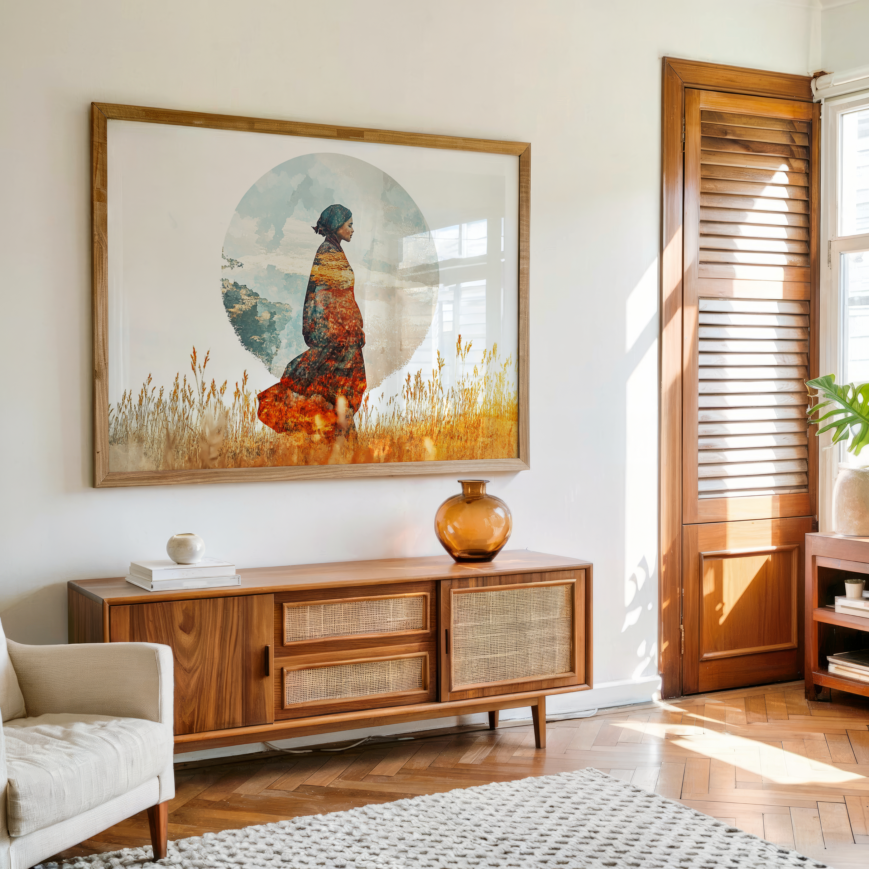 Framed abstract woman silhouette canvas wall art with nature and sky design