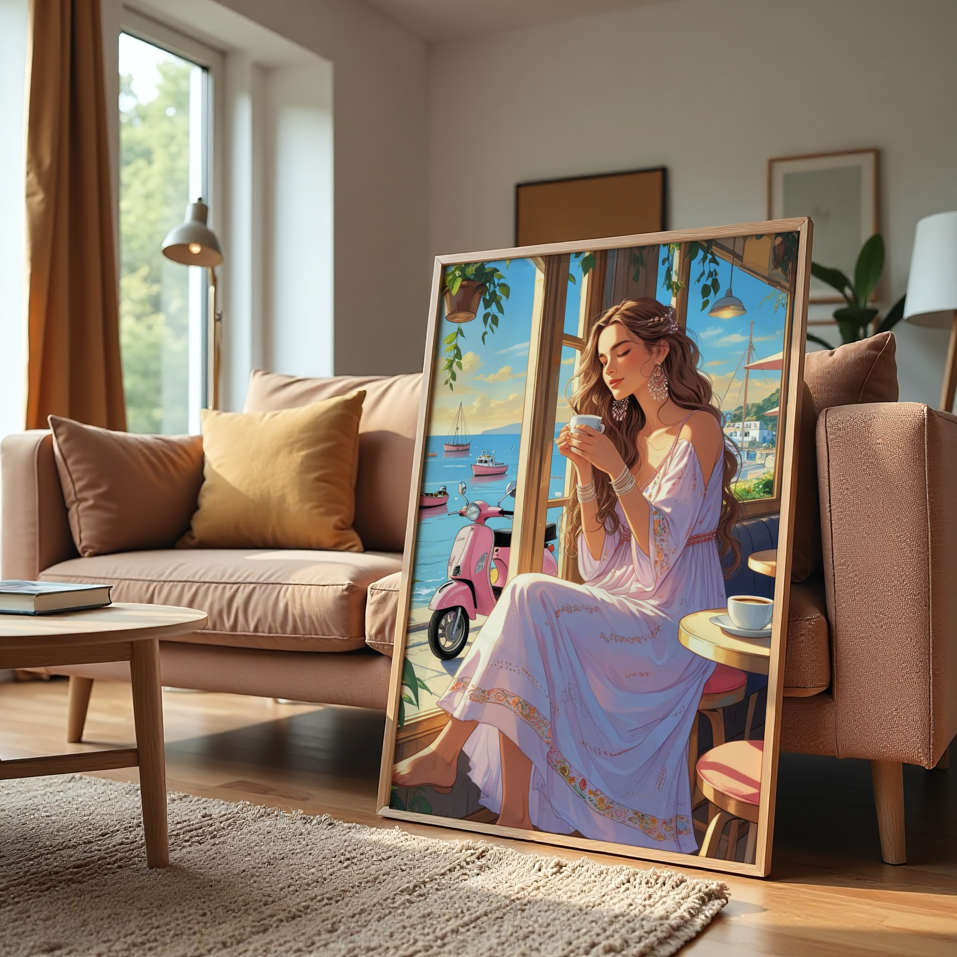 Elegant woman sipping coffee by seaside window with pink Vespa and boats in view