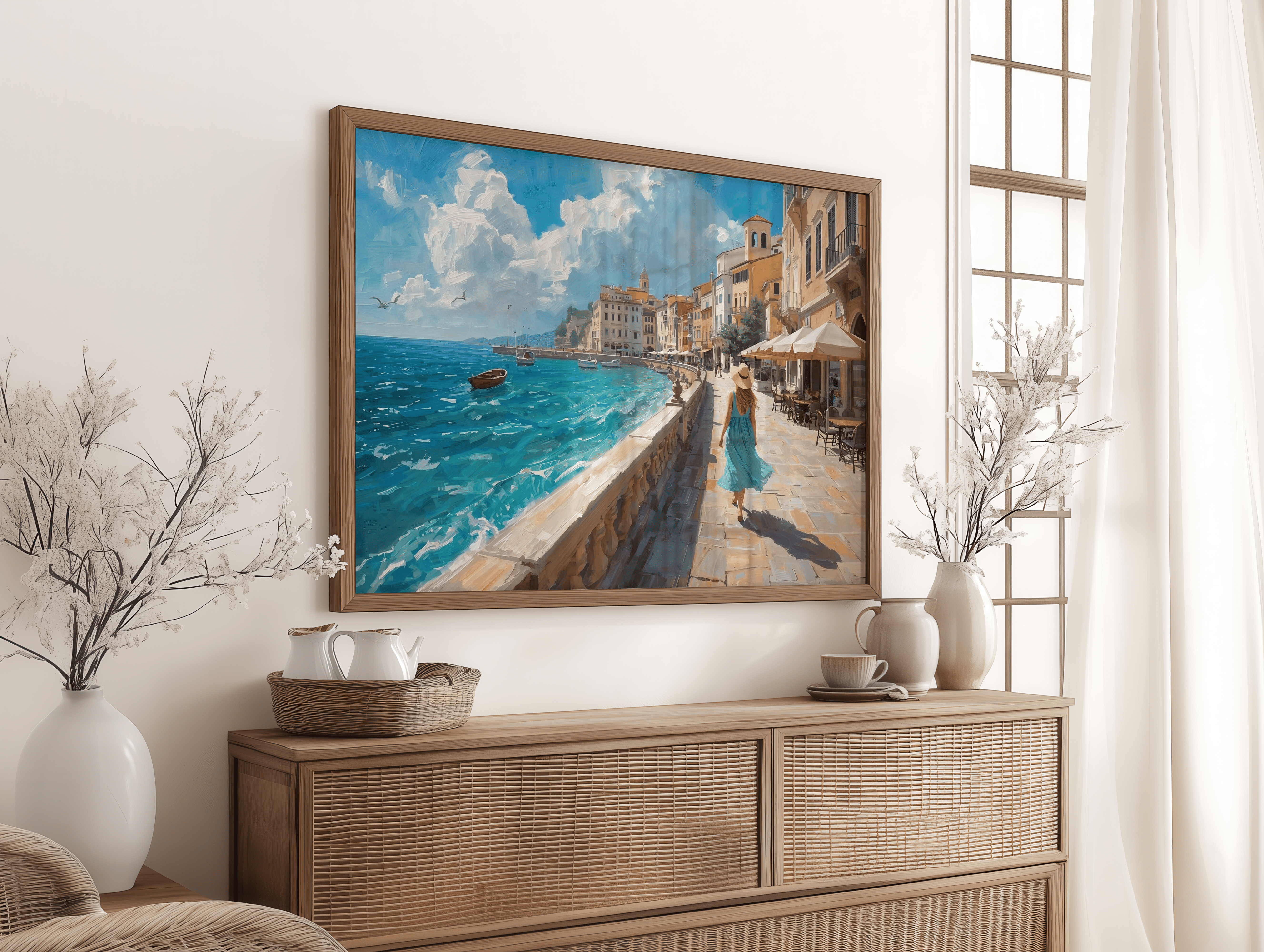 Woman walking along a European seaside promenade in a calm coastal wall art painting