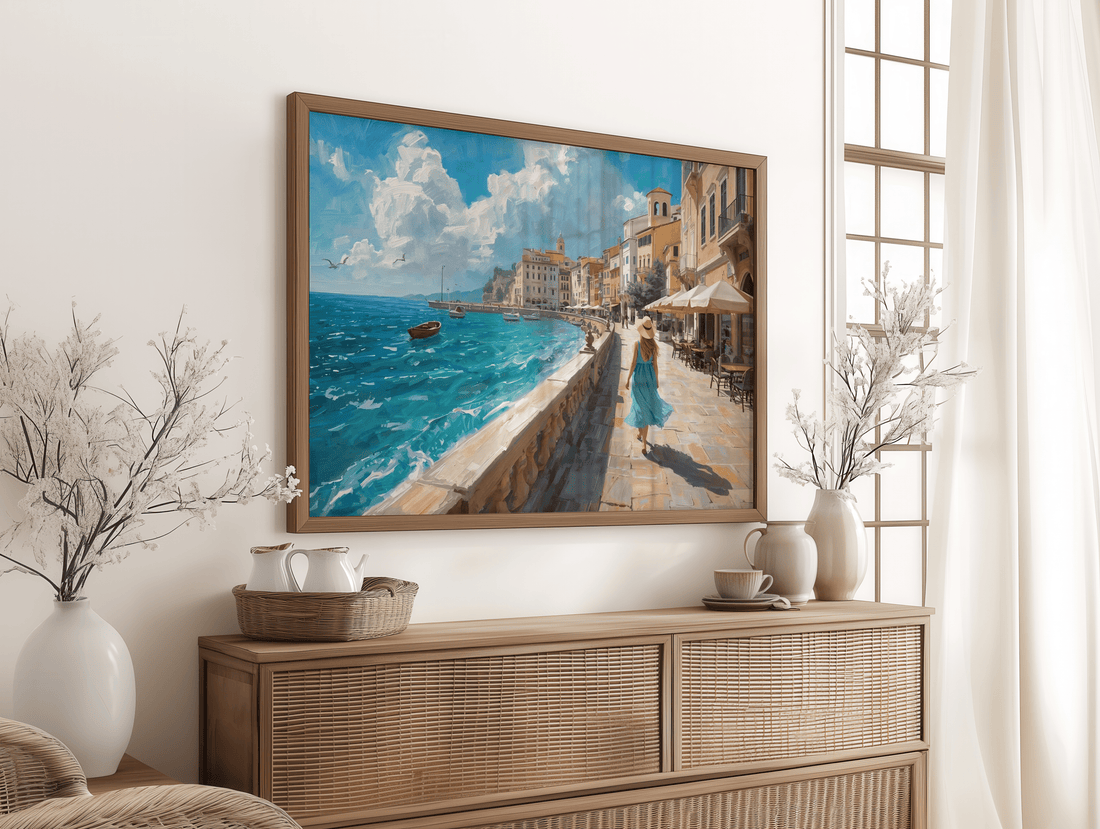 Woman walking along a European seaside promenade in a calm coastal wall art painting