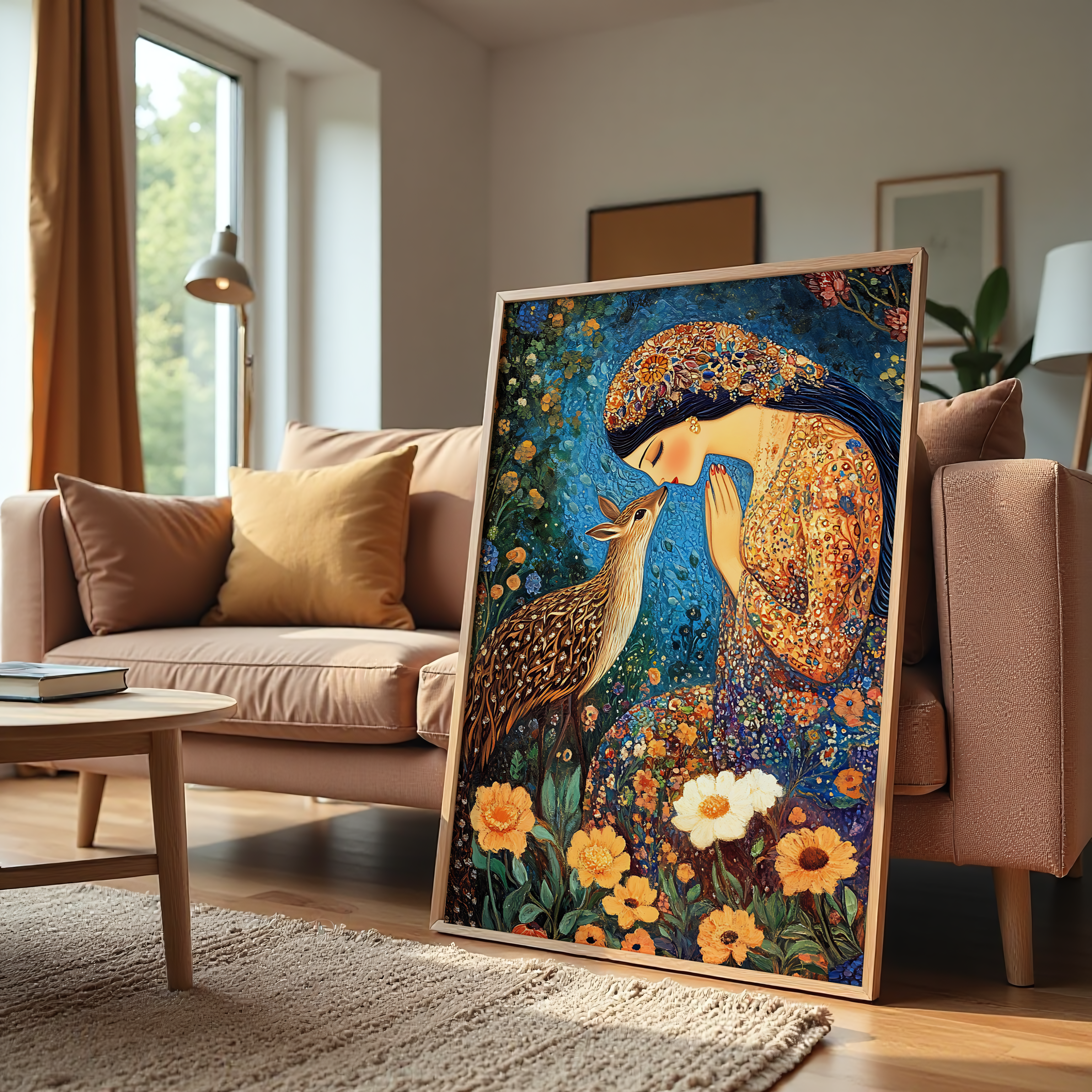 Woman with deer canvas wall art surrounded by colorful floral background.