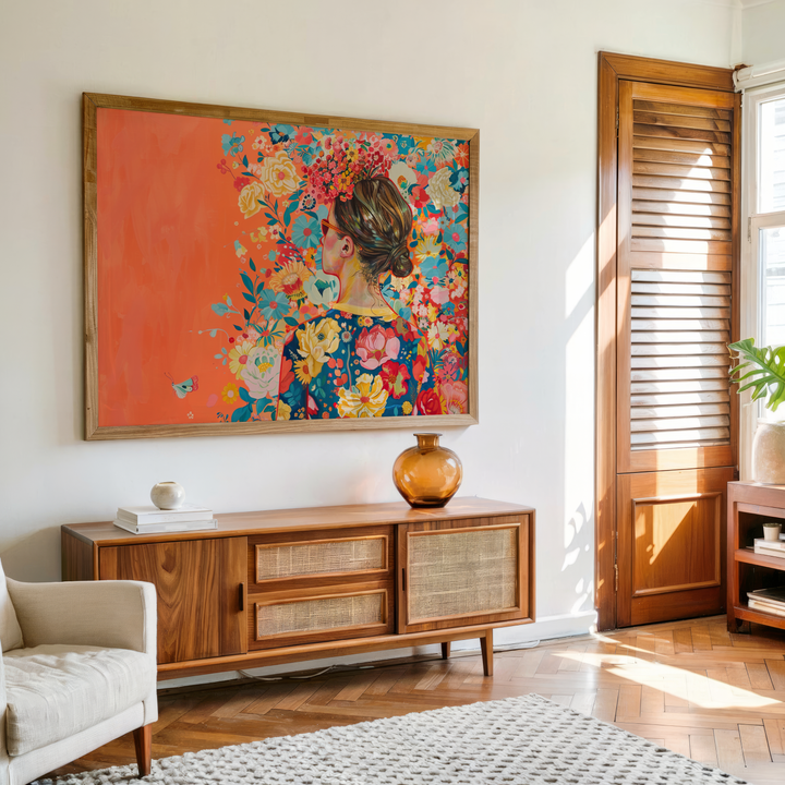 Woman with flowers and butterflies colorful canvas wall art