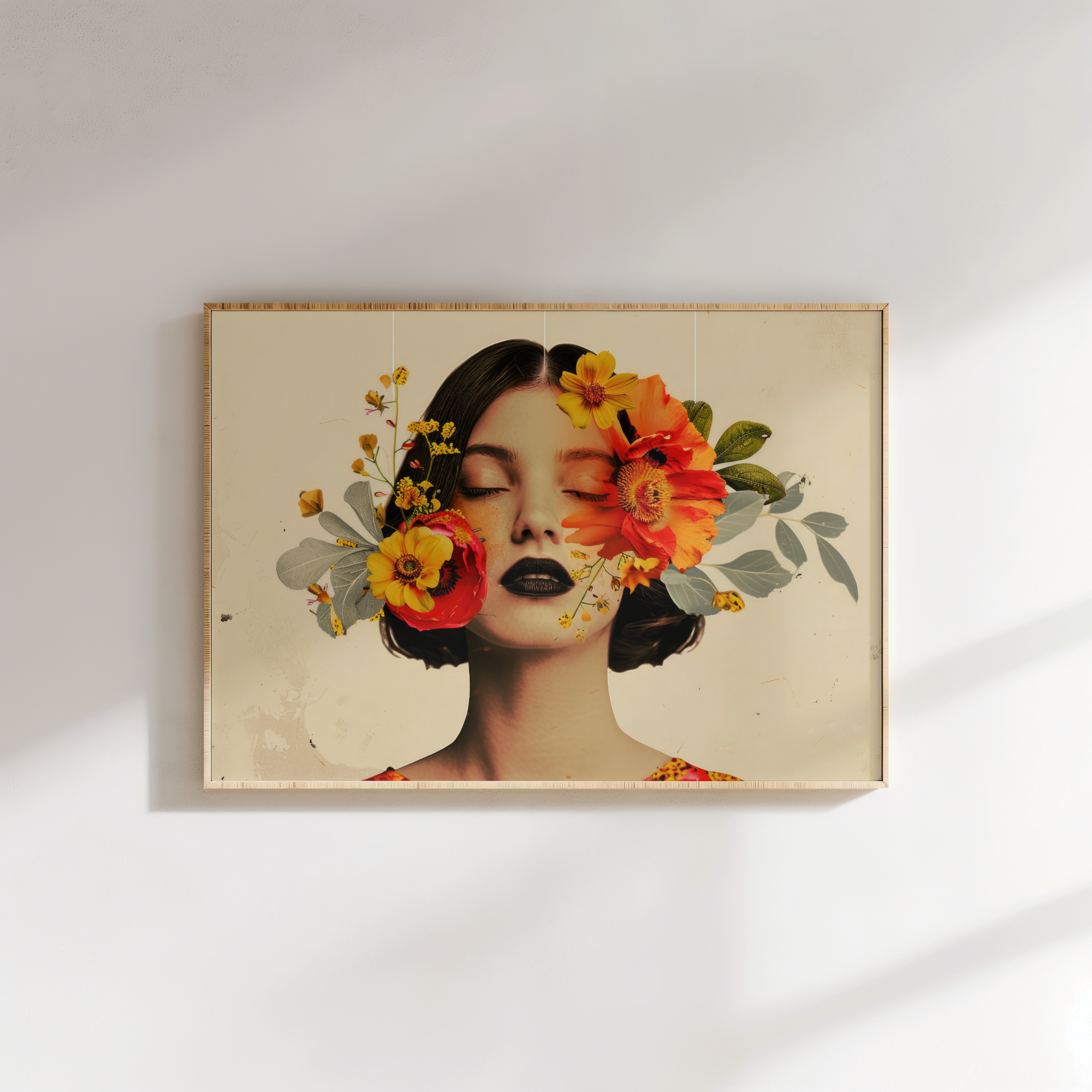 Floral portrait painting of a woman with dark hair and colorful flowers”