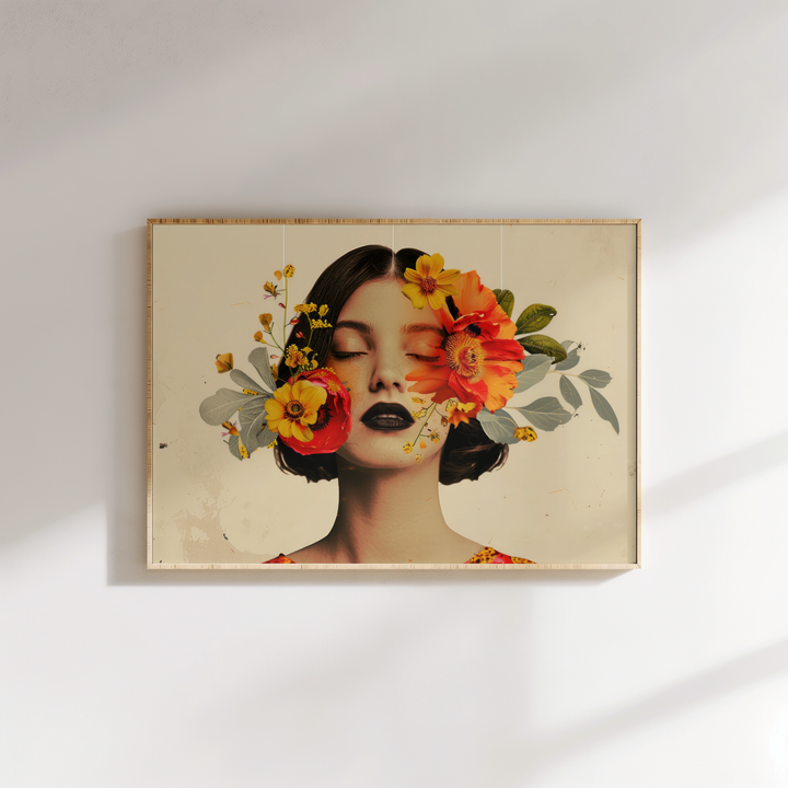 Floral portrait painting of a woman with dark hair and colorful flowers”