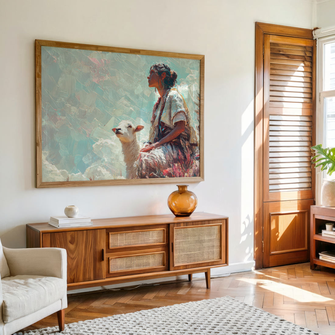 Serene woman sitting beside sheep in pastoral landscape