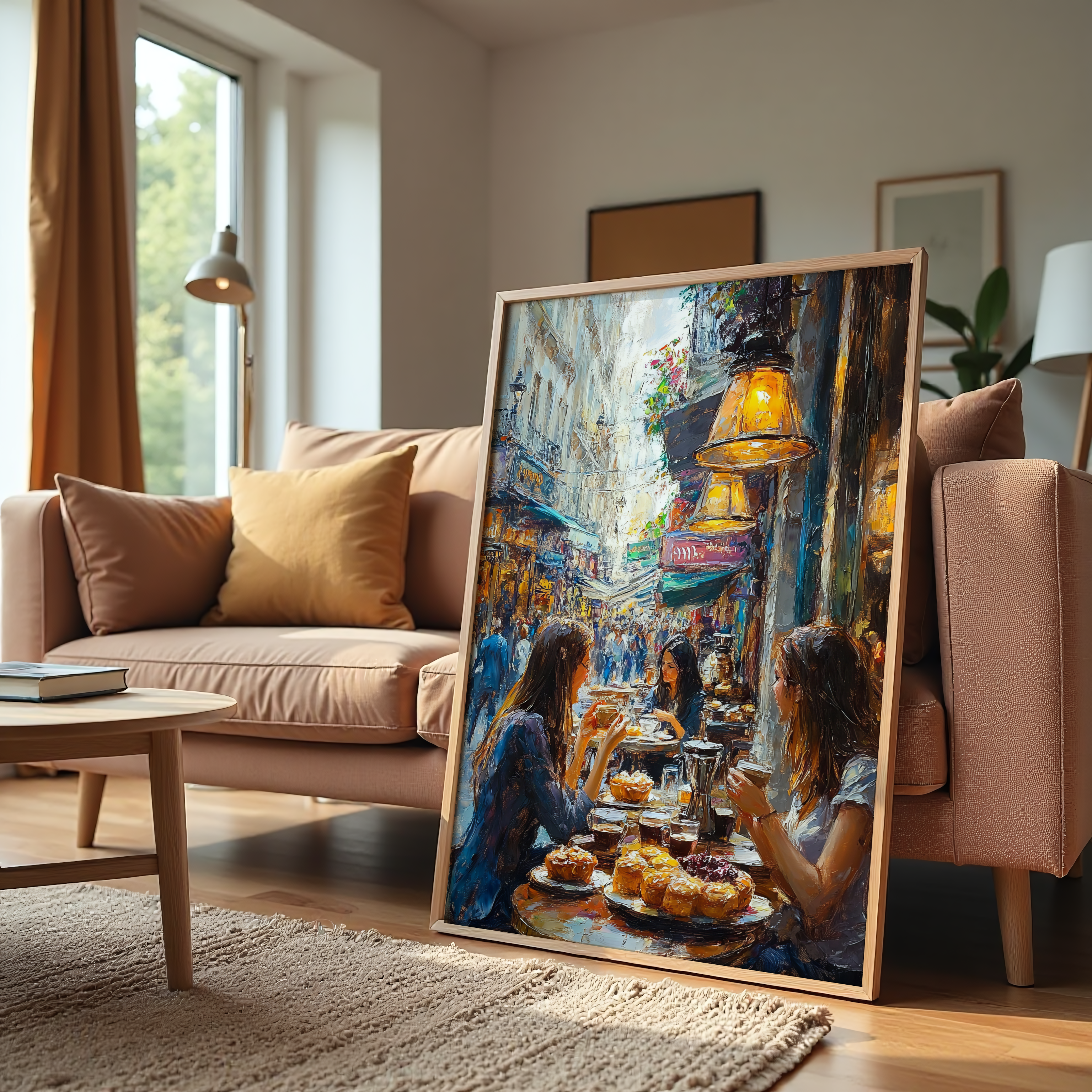 Canvas wall art of women enjoying coffee and pastries at a lively café