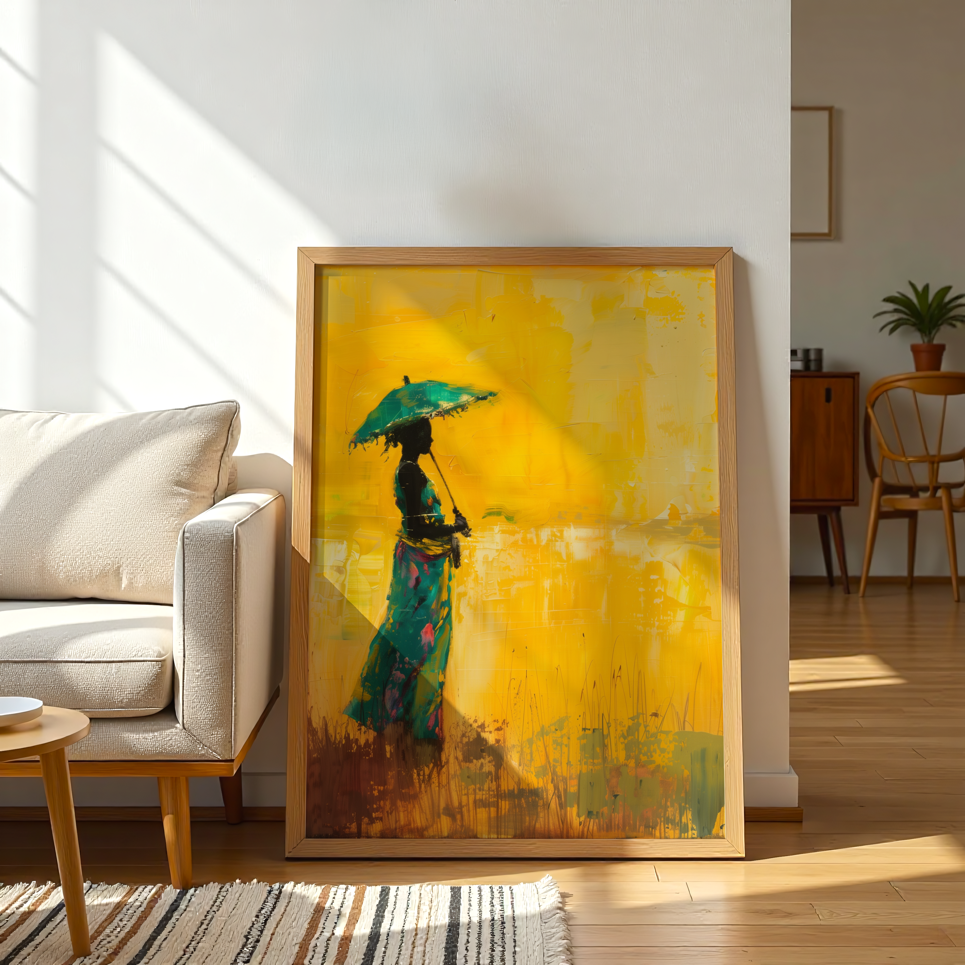 Stylized abstract canvas art of African woman under umbrella with vibrant yellow background