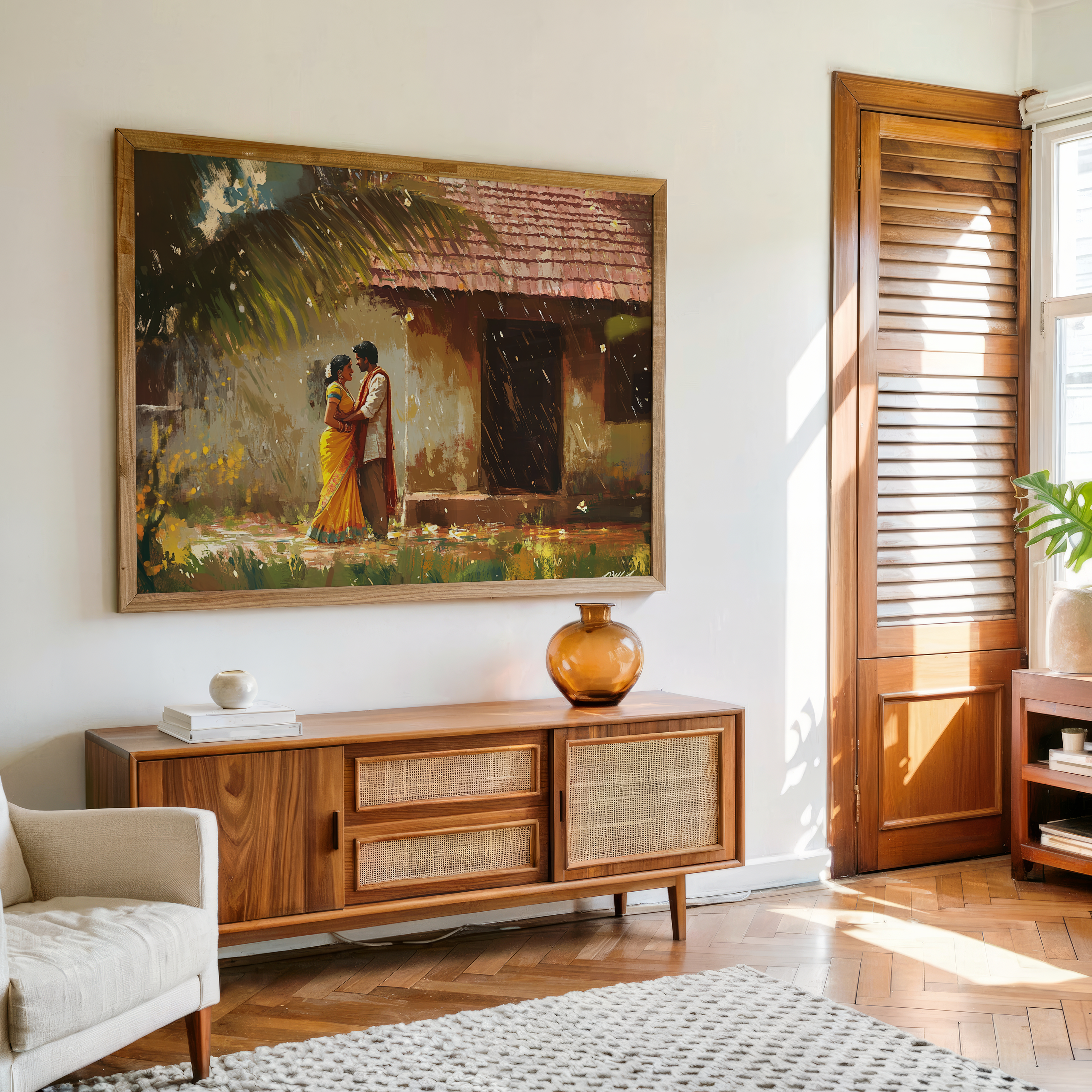 Village love scene wall art with rainy atmosphere and traditional attire