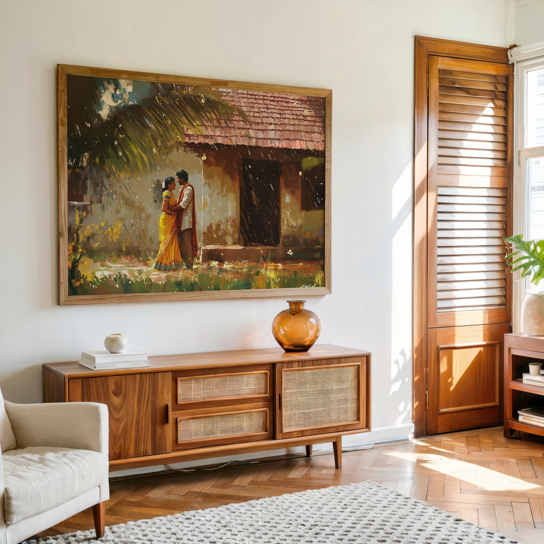 Village love scene wall art with rainy atmosphere and traditional attire