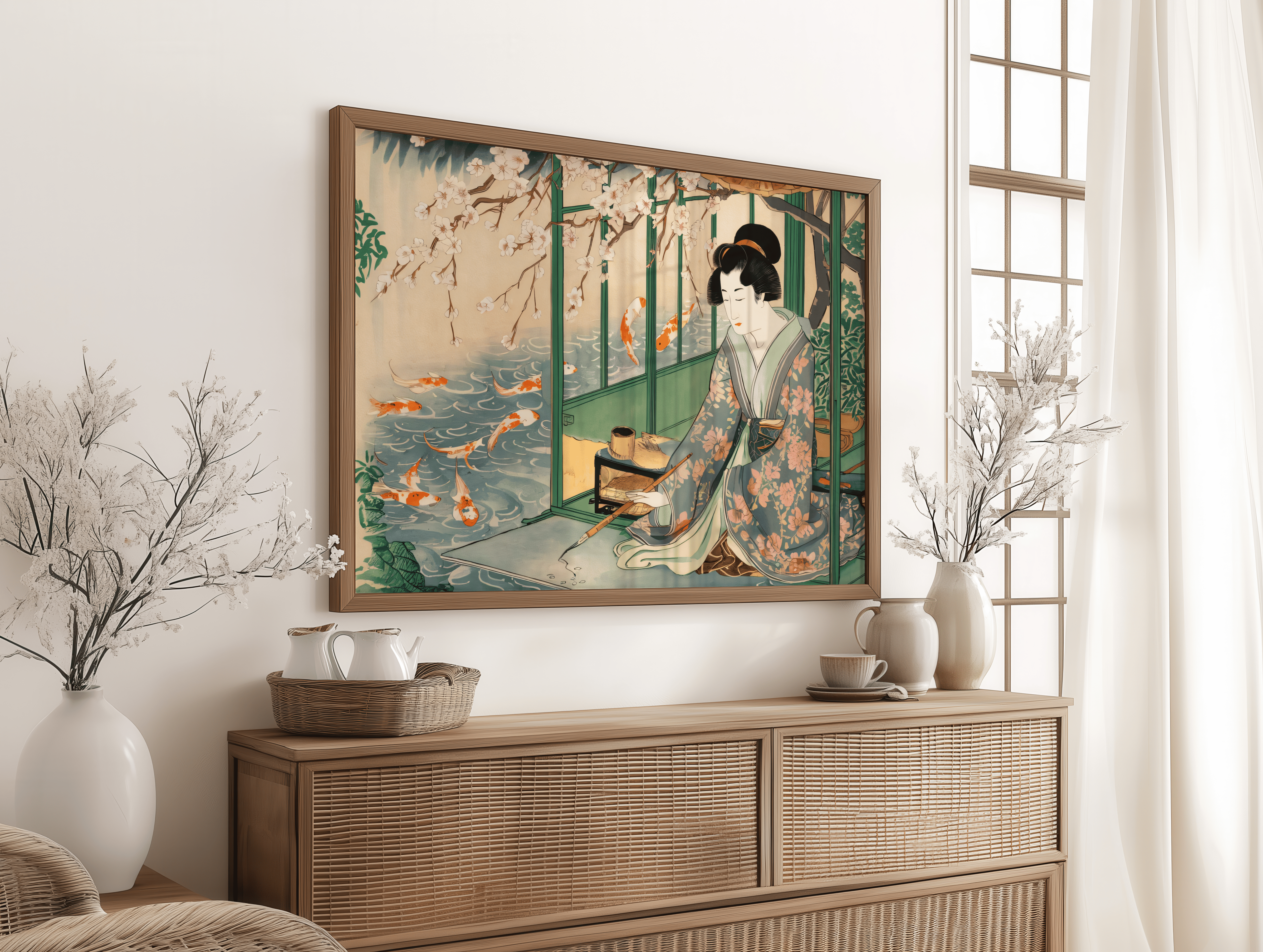 Zen Japanese art canvas print for home decor in India with cherry blossoms and koi