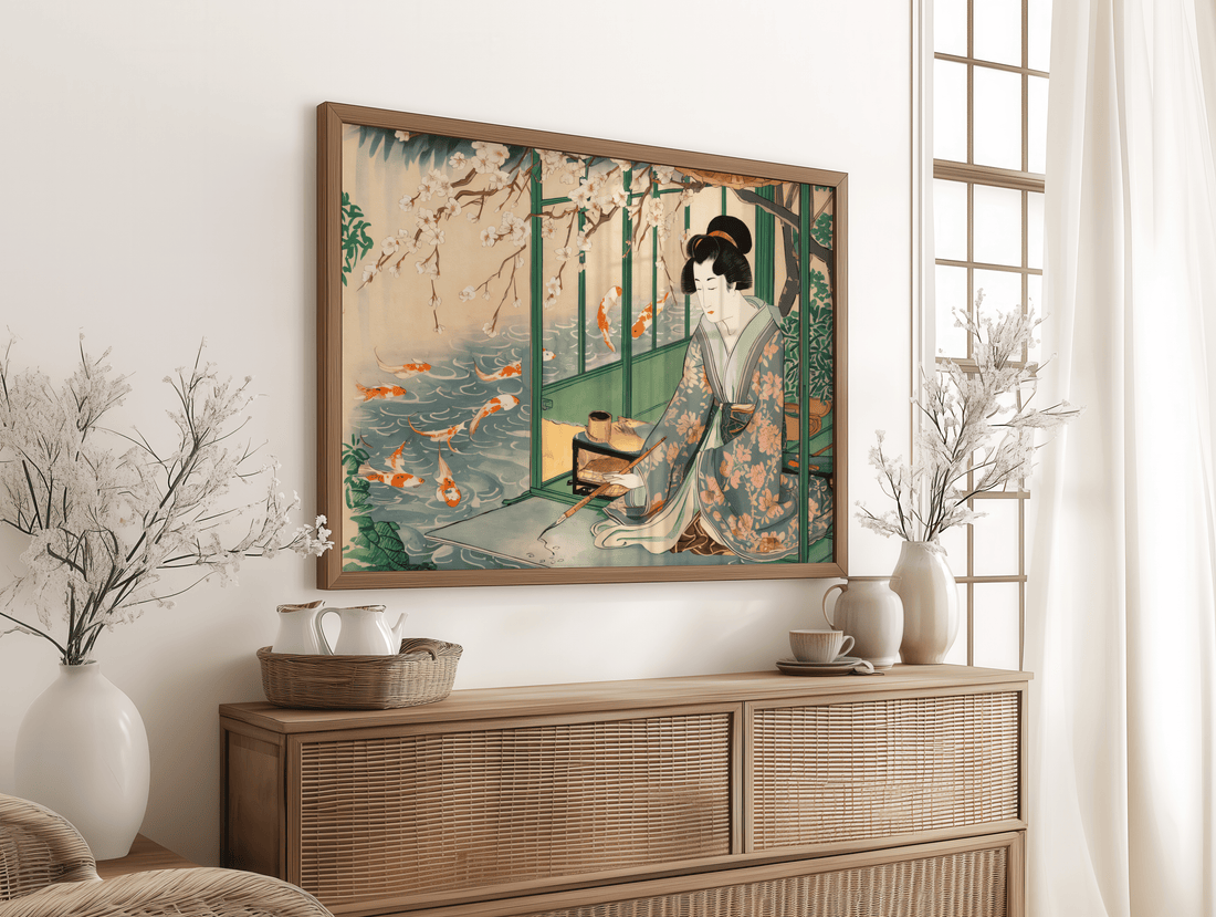 Zen Japanese art canvas print for home decor in India with cherry blossoms and koi