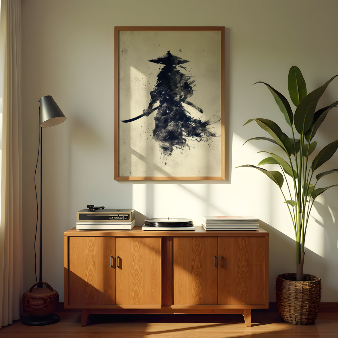 Zen-style Japanese samurai ink painting canvas with expressive brush strokes