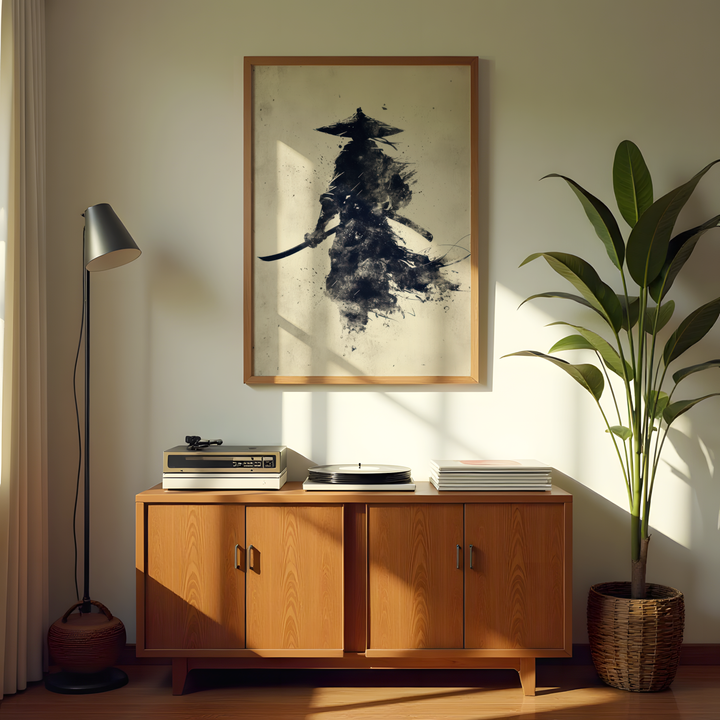 Zen-style Japanese samurai ink painting canvas with expressive brush strokes